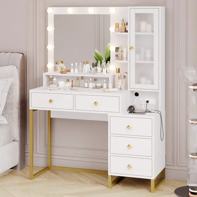 Lumiere Luxury Makeup Vanity Table with Hollywood LED Mirror, Storage Cabinet & Drawers
