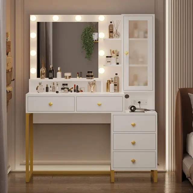 Lumiere Luxury Makeup Vanity Table with Hollywood LED Mirror, Storage Cabinet & Drawers