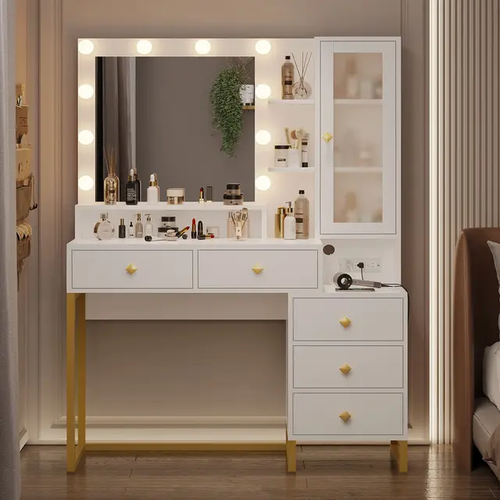 Lumiere Luxury Makeup Vanity Table with Hollywood LED Mirror, Storage Cabinet & Drawers