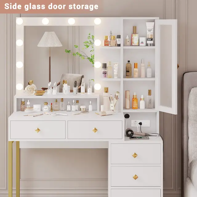 Lumiere Luxury Makeup Vanity Table with Hollywood LED Mirror, Storage Cabinet & Drawers