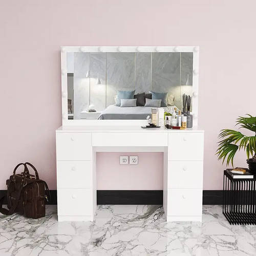 Veloura Hollywood Mirror With Vanity Table — White Wood Makeup Desk with Storage