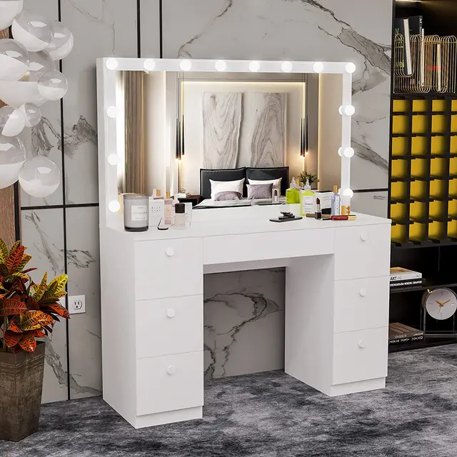 Veloura Hollywood Mirror With Vanity Table — White Wood Makeup Desk with Storage