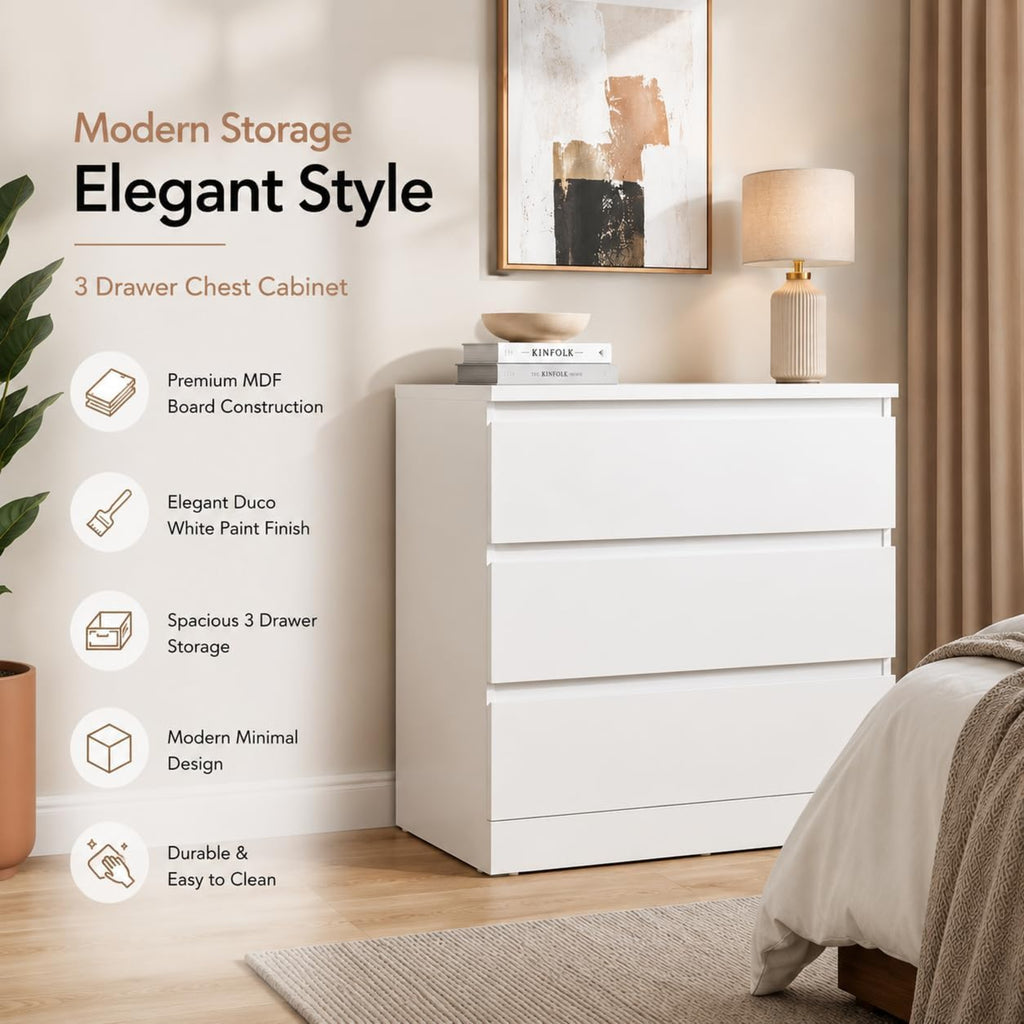 Norvale Modern 3 Drawer Chest of Drawers | Premium MDF Storage Cabinet with Duco White Finish | Bedroom, Living Room & Home Organizer