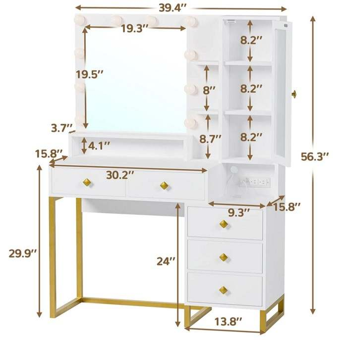 Lumiere Luxury Makeup Vanity Table with Hollywood LED Mirror, Storage Cabinet & Drawers