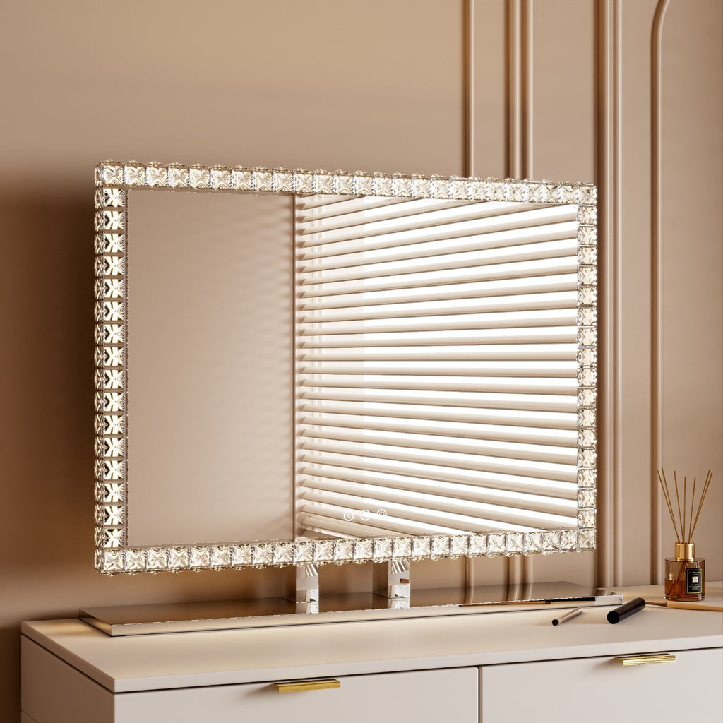 Pearl Luxury Crystal Border Vanity Mirror with Gold Metal Stand