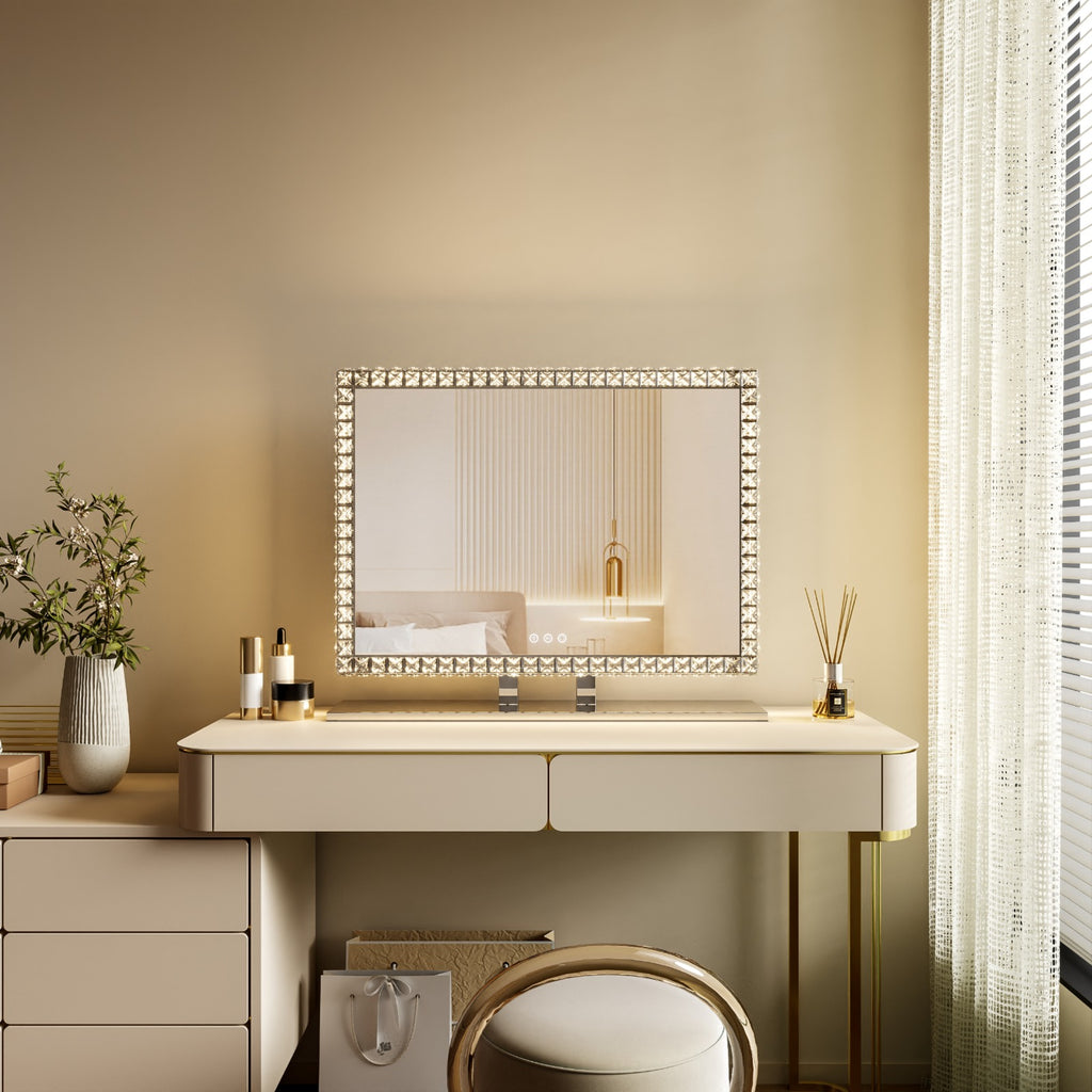 Pearl Luxury Crystal Border Vanity Mirror with Gold Metal Stand