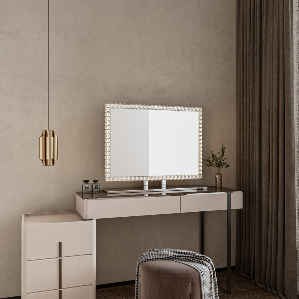 Pearl Luxury Crystal Border Vanity Mirror with Gold Metal Stand