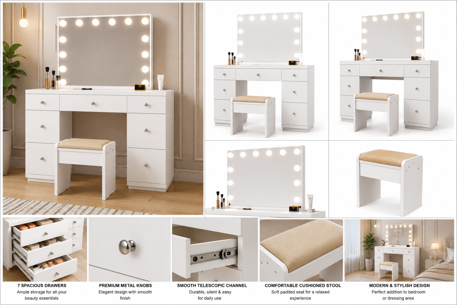 Lumora Luxury Makeup Vanity Table with Hollywood LED Mirror, Cushioned Stool & 7 Storage Drawers
