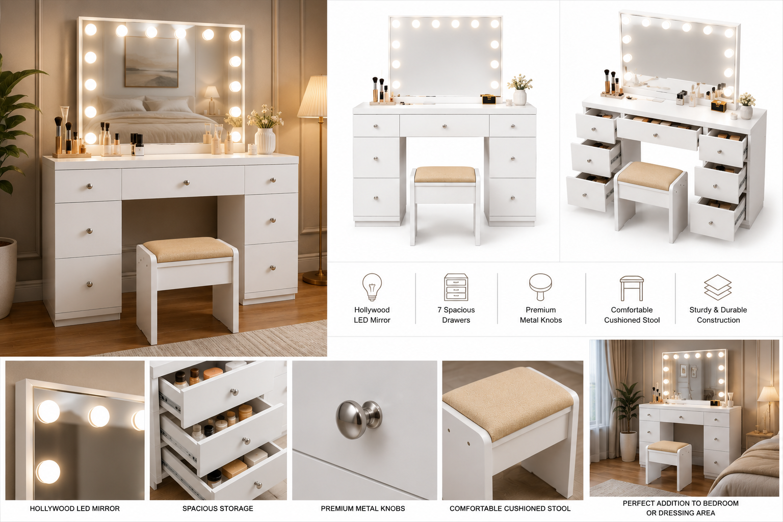 Lumora Luxury Makeup Vanity Table with Hollywood LED Mirror, Cushioned Stool & 7 Storage Drawers