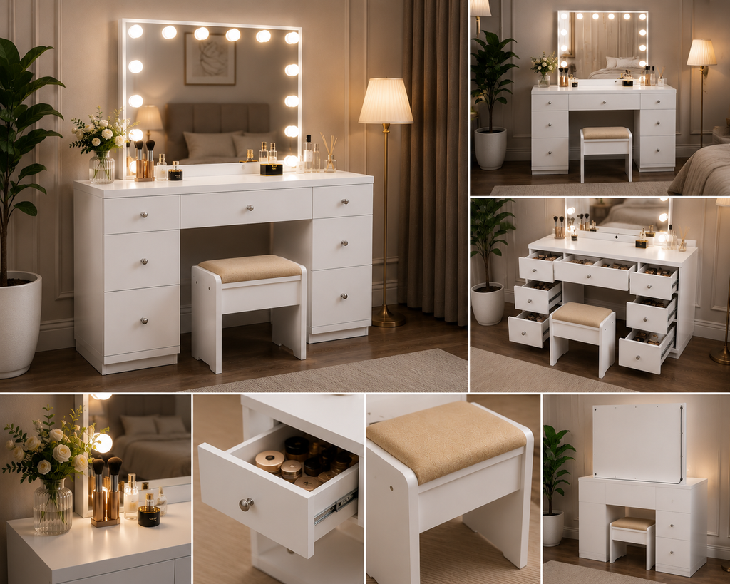 Lumora Luxury Makeup Vanity Table with Hollywood LED Mirror, Cushioned Stool & 7 Storage Drawers