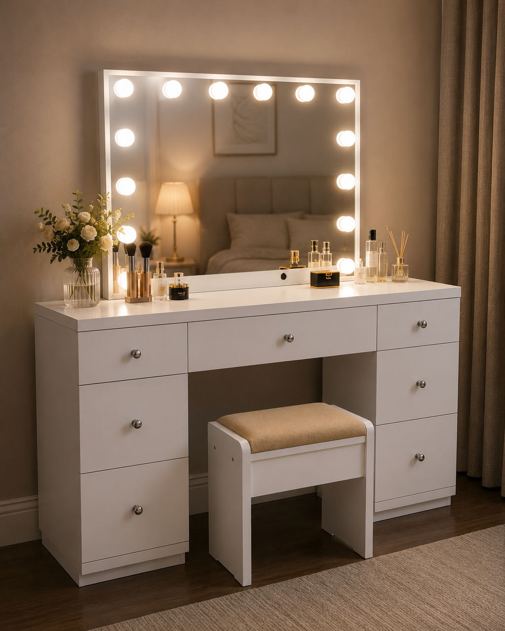 Lumora Luxury Makeup Vanity Table with Hollywood LED Mirror, Cushioned Stool & 7 Storage Drawers