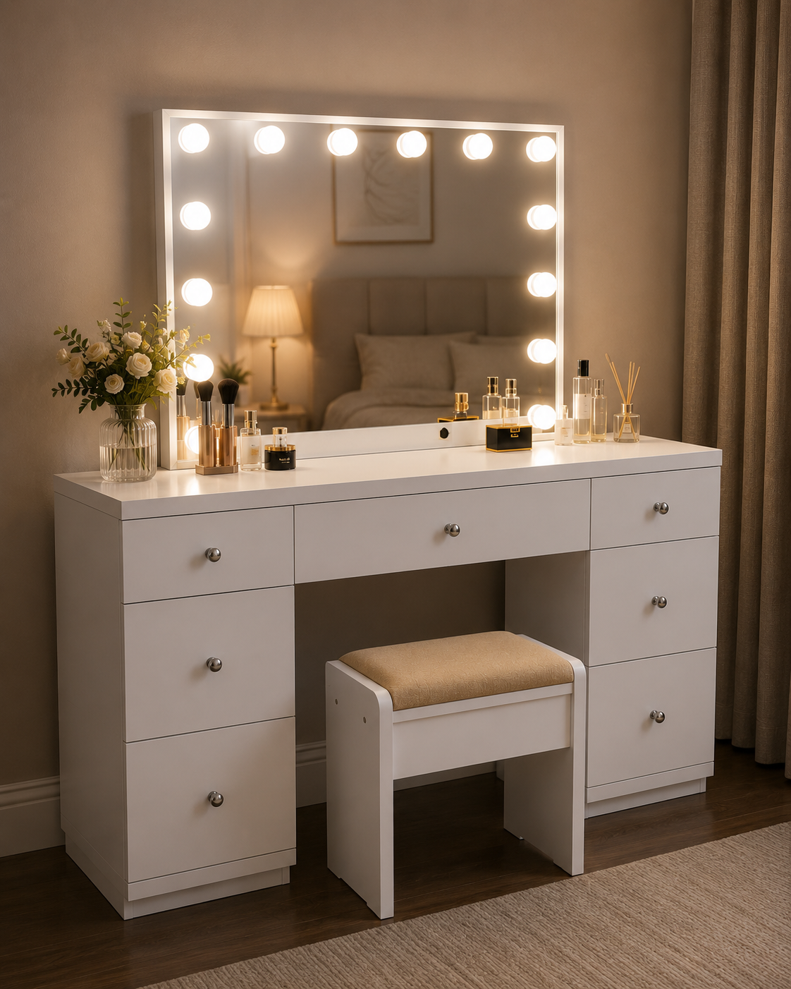 Lumora Luxury Makeup Vanity Table with Hollywood LED Mirror, Cushioned Stool & 7 Storage Drawers