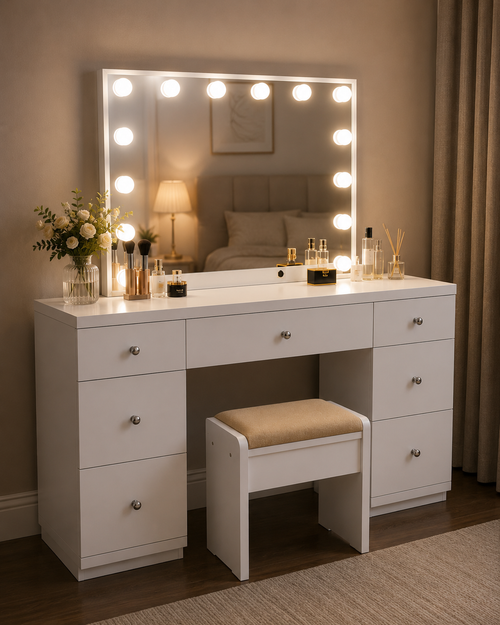 Lumora Luxury Makeup Vanity Table with Hollywood LED Mirror, Cushioned Stool & 7 Storage Drawers