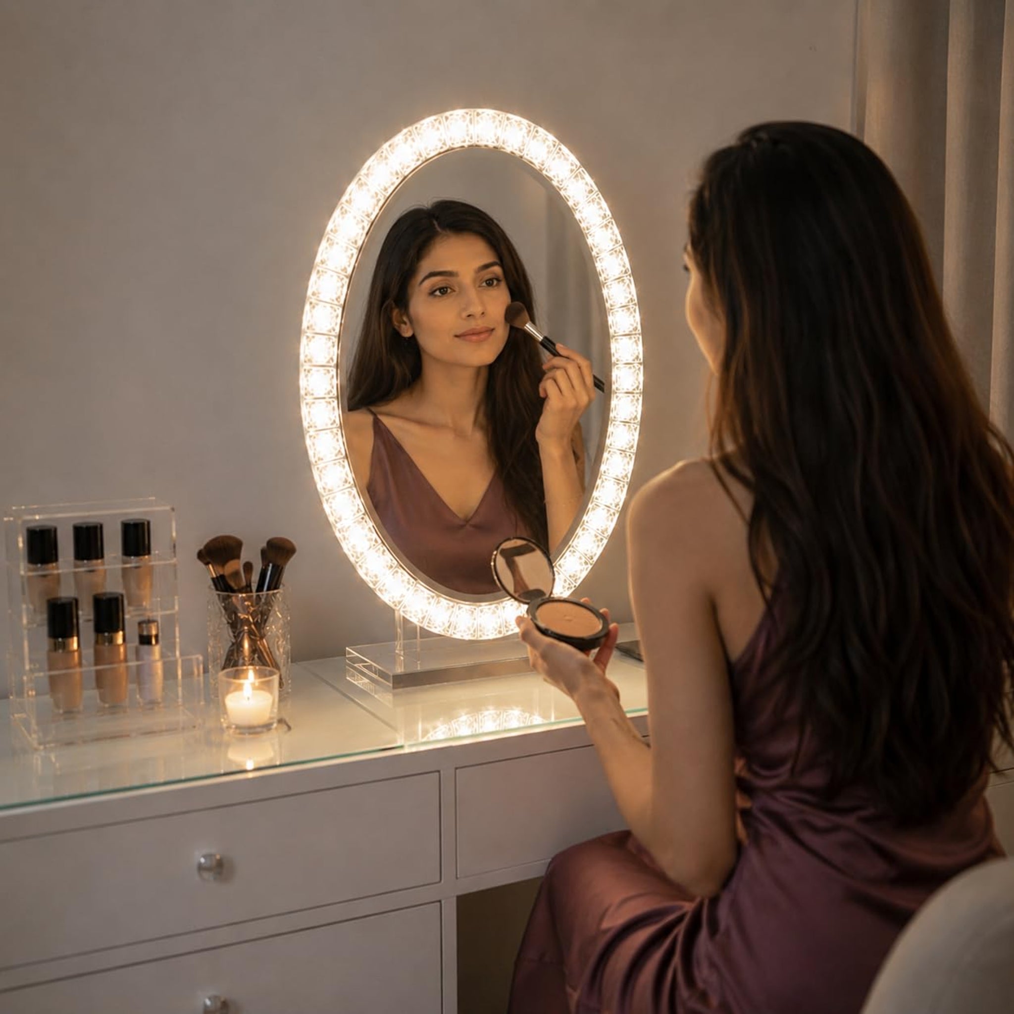 Star luxe Oval Crystal LED Vanity Mirror K9 Crystal Frame with Touch Sensor, Dimmable Backlight & Tabletop
