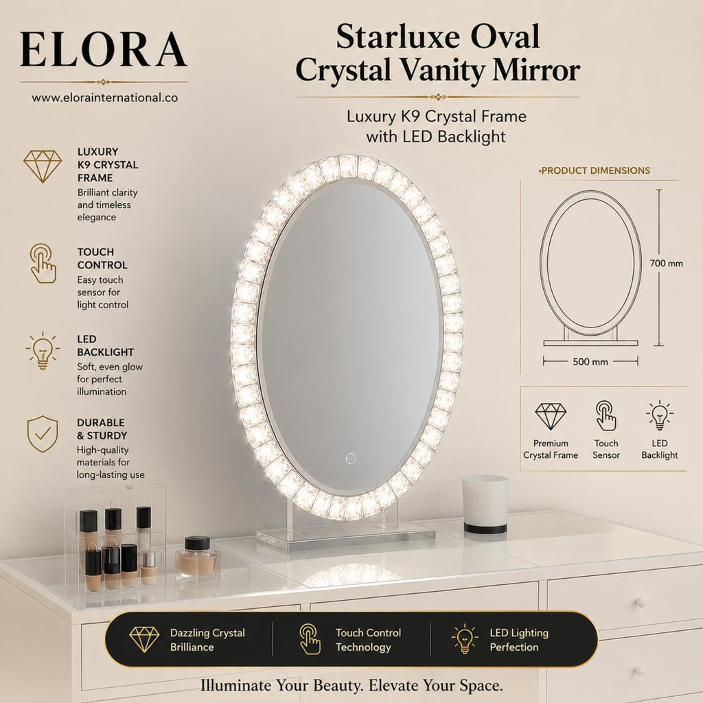 Star luxe Oval Crystal LED Vanity Mirror K9 Crystal Frame with Touch Sensor, Dimmable Backlight & Tabletop