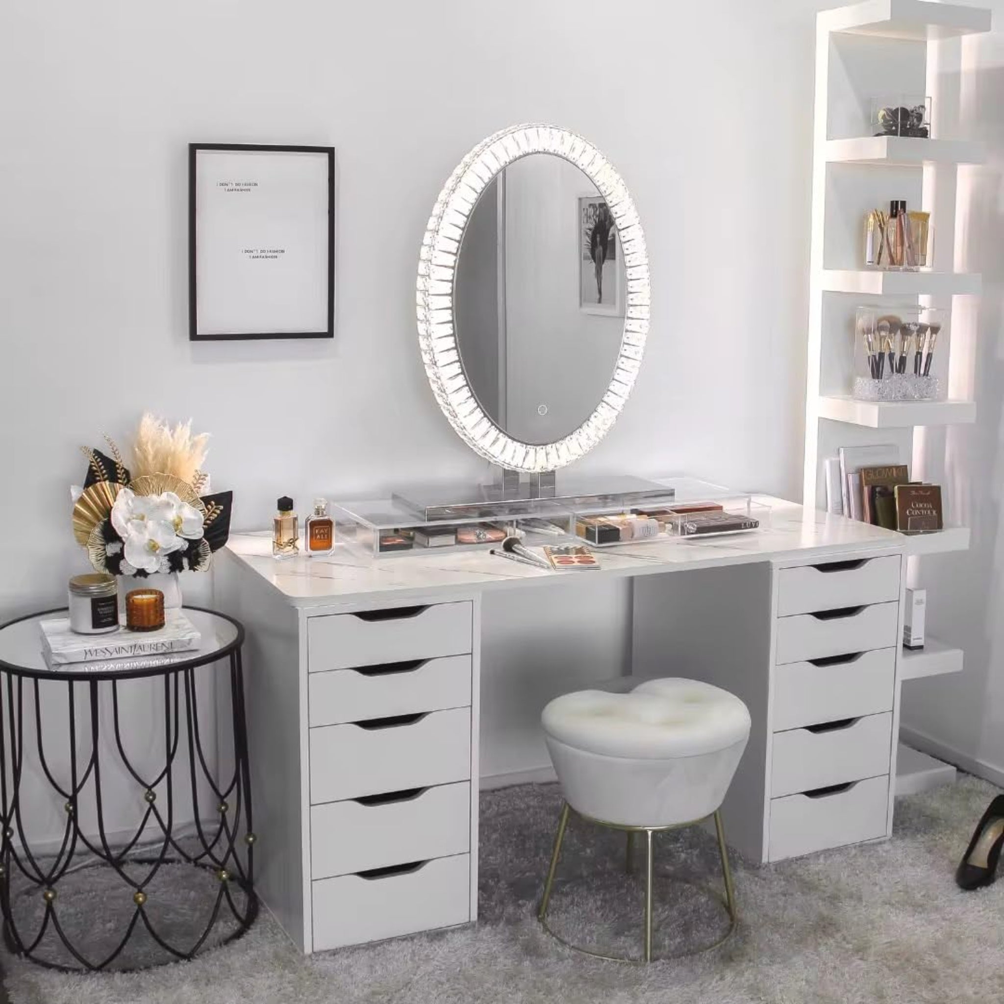 Star luxe Oval Crystal LED Vanity Mirror K9 Crystal Frame with Touch Sensor, Dimmable Backlight & Tabletop