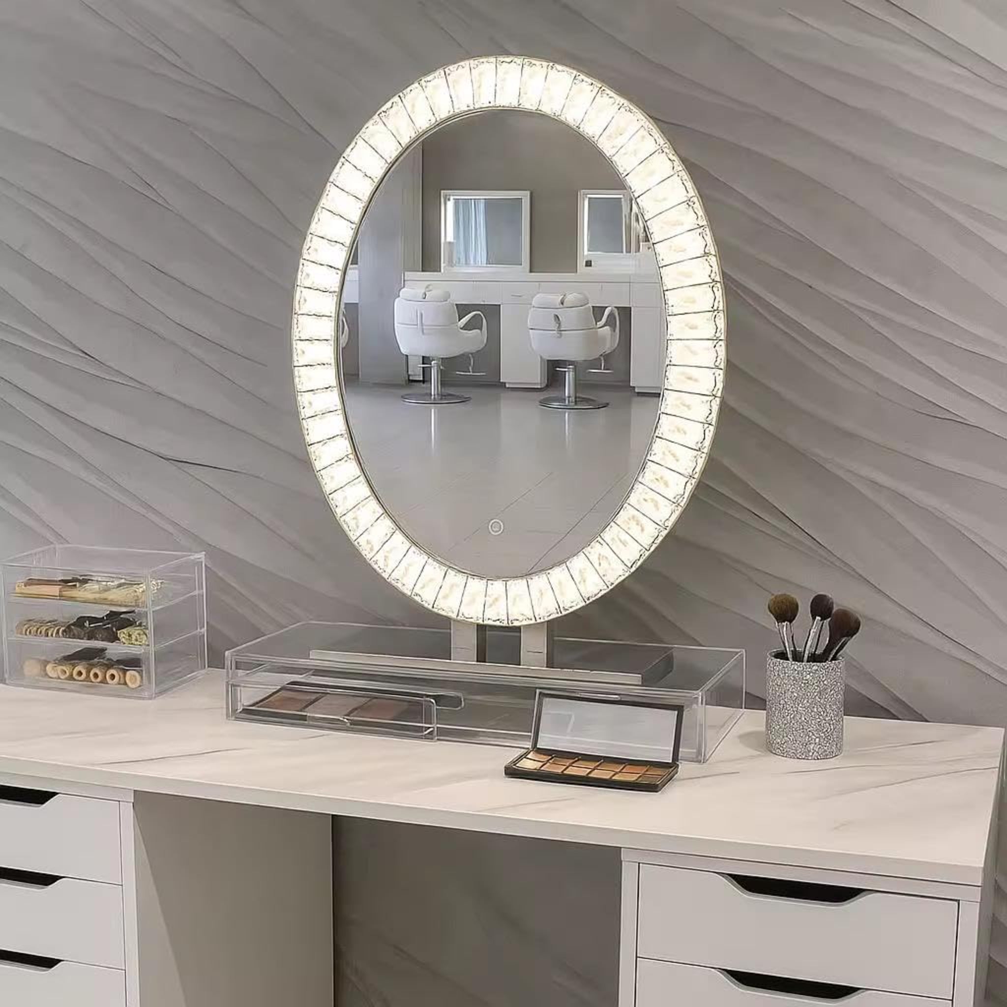 Star luxe Oval Crystal LED Vanity Mirror K9 Crystal Frame with Touch Sensor, Dimmable Backlight & Tabletop