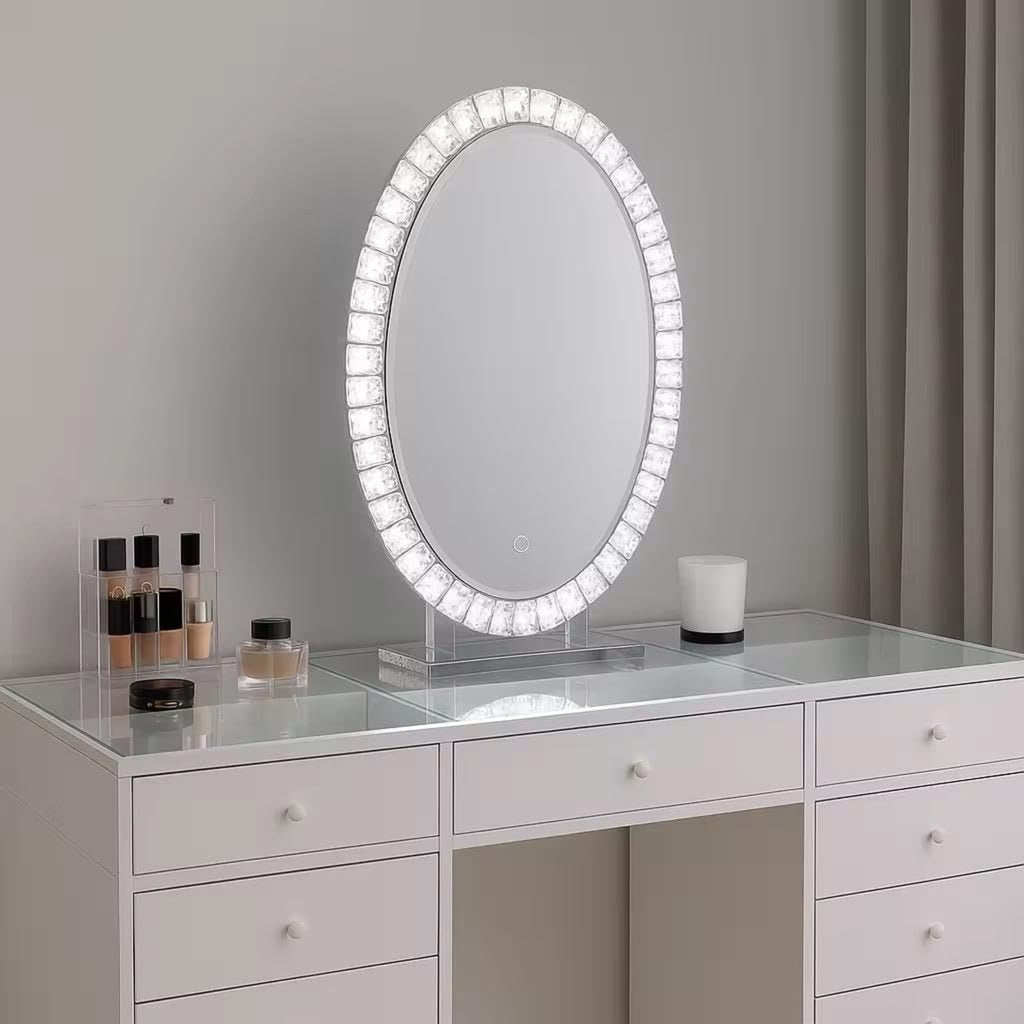 Star luxe Oval Crystal LED Vanity Mirror K9 Crystal Frame with Touch Sensor, Dimmable Backlight & Tabletop