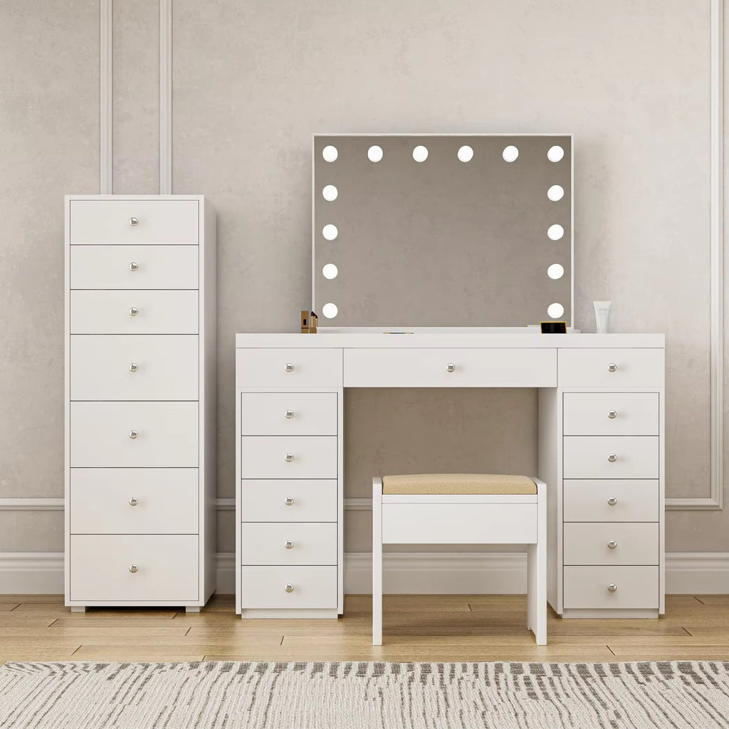 Vawzen Makeup Vanity Desk with Hollywood Lighted Mirror & Stool – 13 Drawers, 14 LED Bulbs, 3 Color Modes, Built-in Power Outlet, Touch Dimmer, White Dressing Table for Bedroom, Cushioned Stool