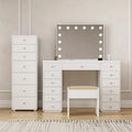 Vawzen Makeup Vanity Desk with Hollywood Lighted Mirror & Stool – 13 Drawers, 14 LED Bulbs, 3 Color Modes, Built-in Power Outlet, Touch Dimmer, White Dressing Table for Bedroom, Cushioned Stool