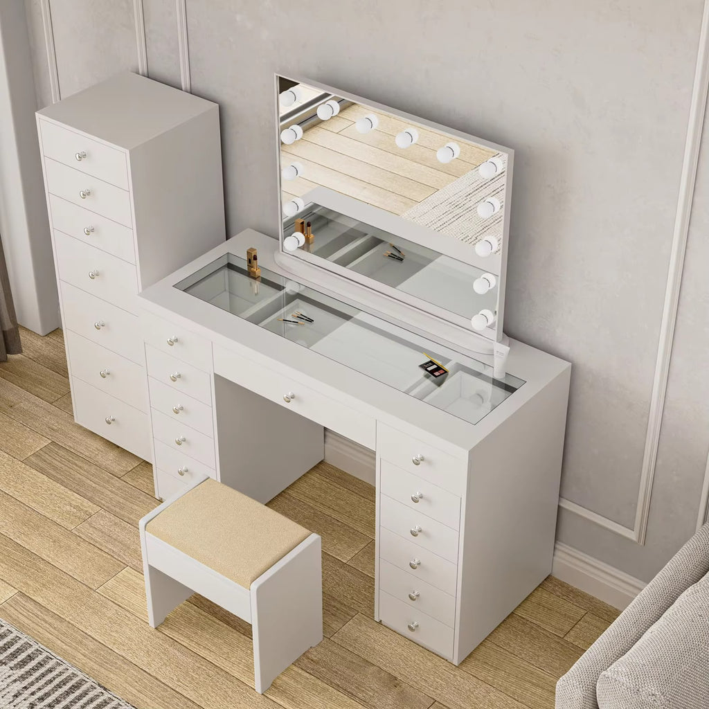 Vawzen Makeup Vanity Desk with Hollywood Lighted Mirror & Stool – 13 Drawers, 14 LED Bulbs, 3 Color Modes, Built-in Power Outlet, Touch Dimmer, White Dressing Table for Bedroom, Cushioned Stool