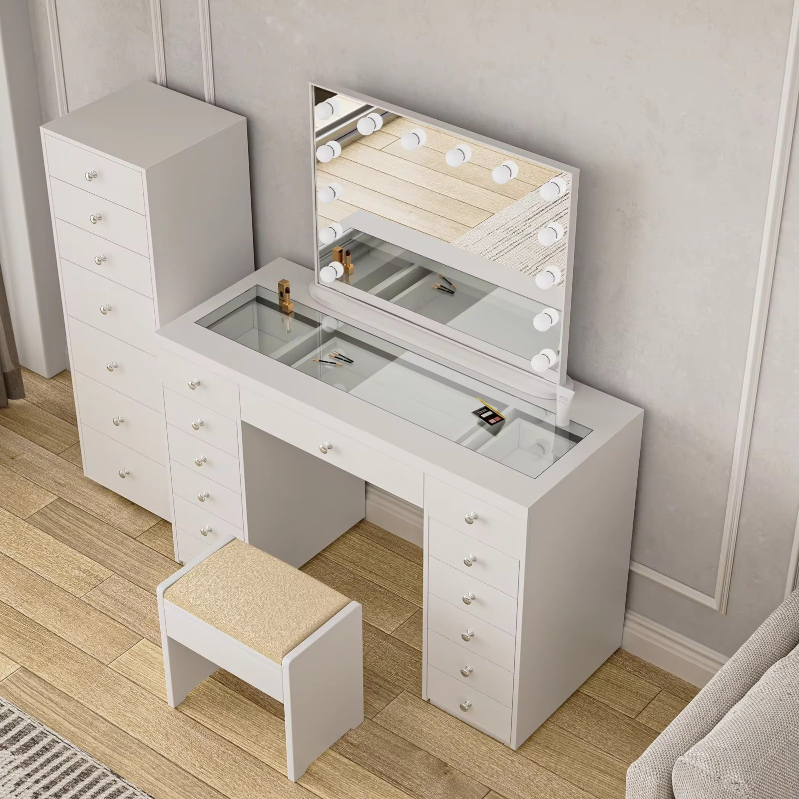 Vawzen Makeup Vanity Desk with Hollywood Lighted Mirror & Stool – 13 Drawers, 14 LED Bulbs, 3 Color Modes, Built-in Power Outlet, Touch Dimmer, White Dressing Table for Bedroom, Cushioned Stool