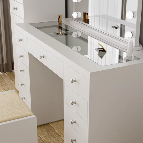Vawzen Makeup Vanity Desk with Hollywood Lighted Mirror & Stool – 13 Drawers, 14 LED Bulbs, 3 Color Modes, Built-in Power Outlet, Touch Dimmer, White Dressing Table for Bedroom, Cushioned Stool
