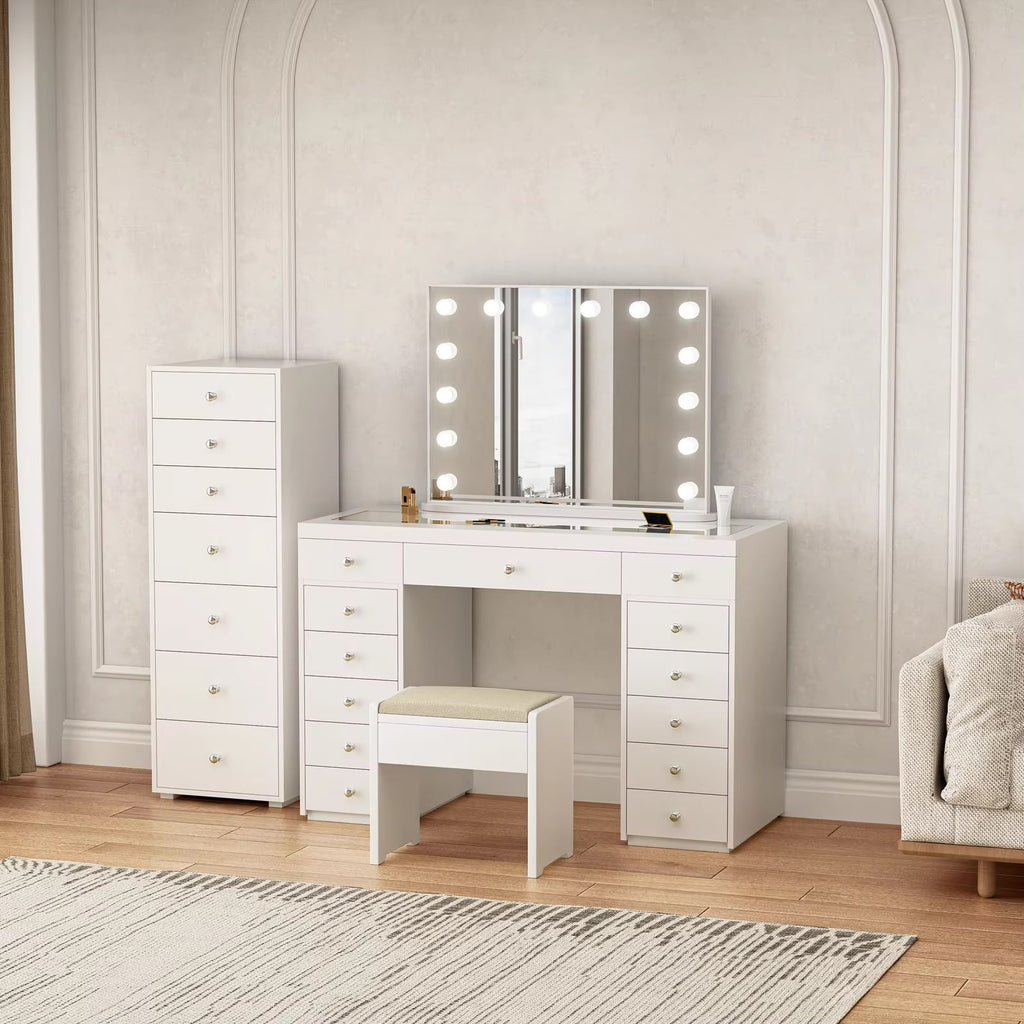 Vawzen Makeup Vanity Desk with Hollywood Lighted Mirror & Stool – 13 Drawers, 14 LED Bulbs, 3 Color Modes, Built-in Power Outlet, Touch Dimmer, White Dressing Table for Bedroom, Cushioned Stool