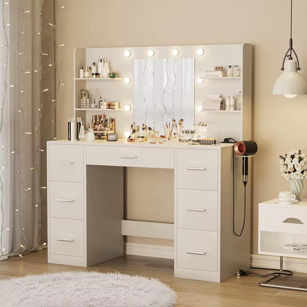 Aquarius LED Vanity Table — White Makeup Desk with Mirror & Storage