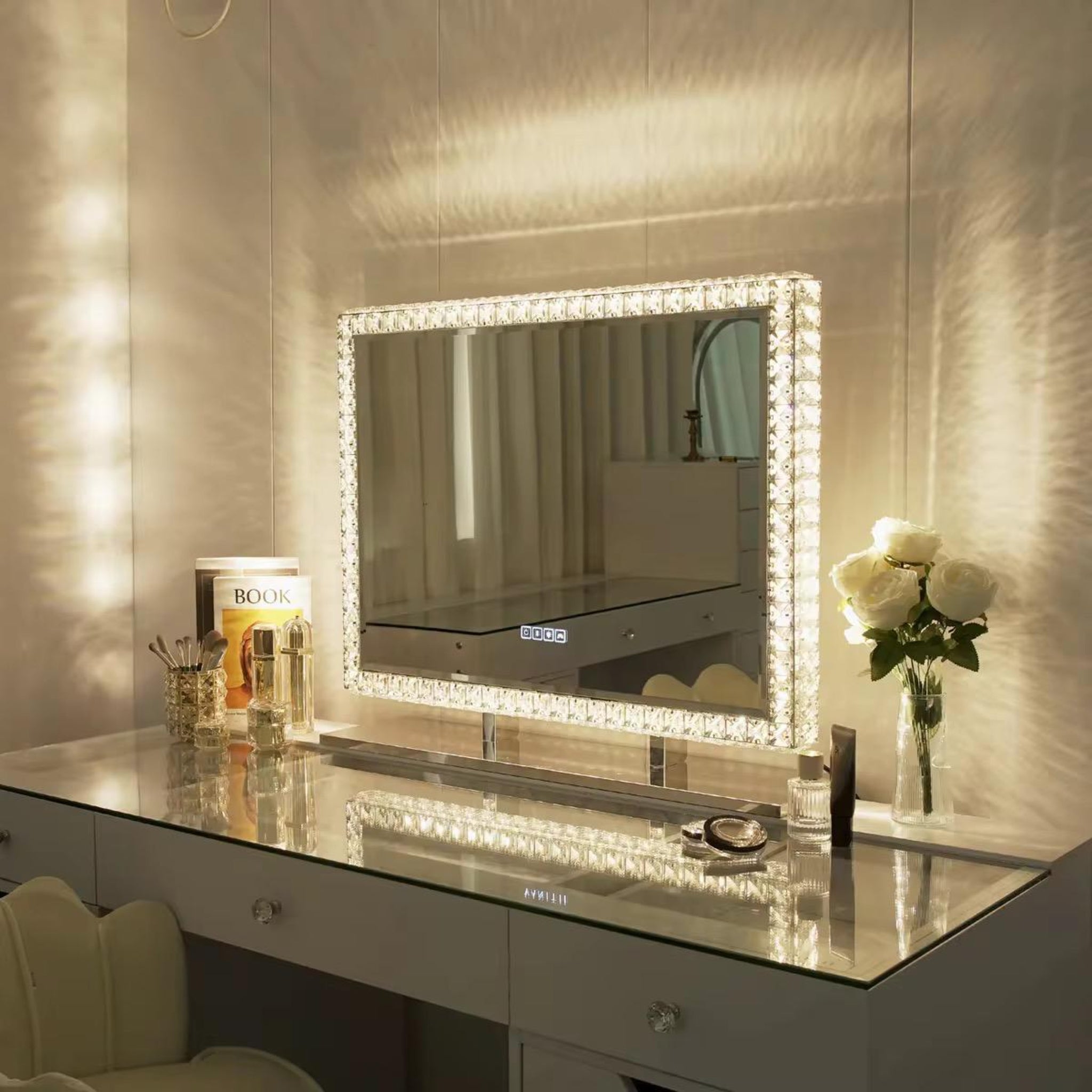 Pearl Luxury Crystal Border Vanity Mirror with Gold Metal Stand