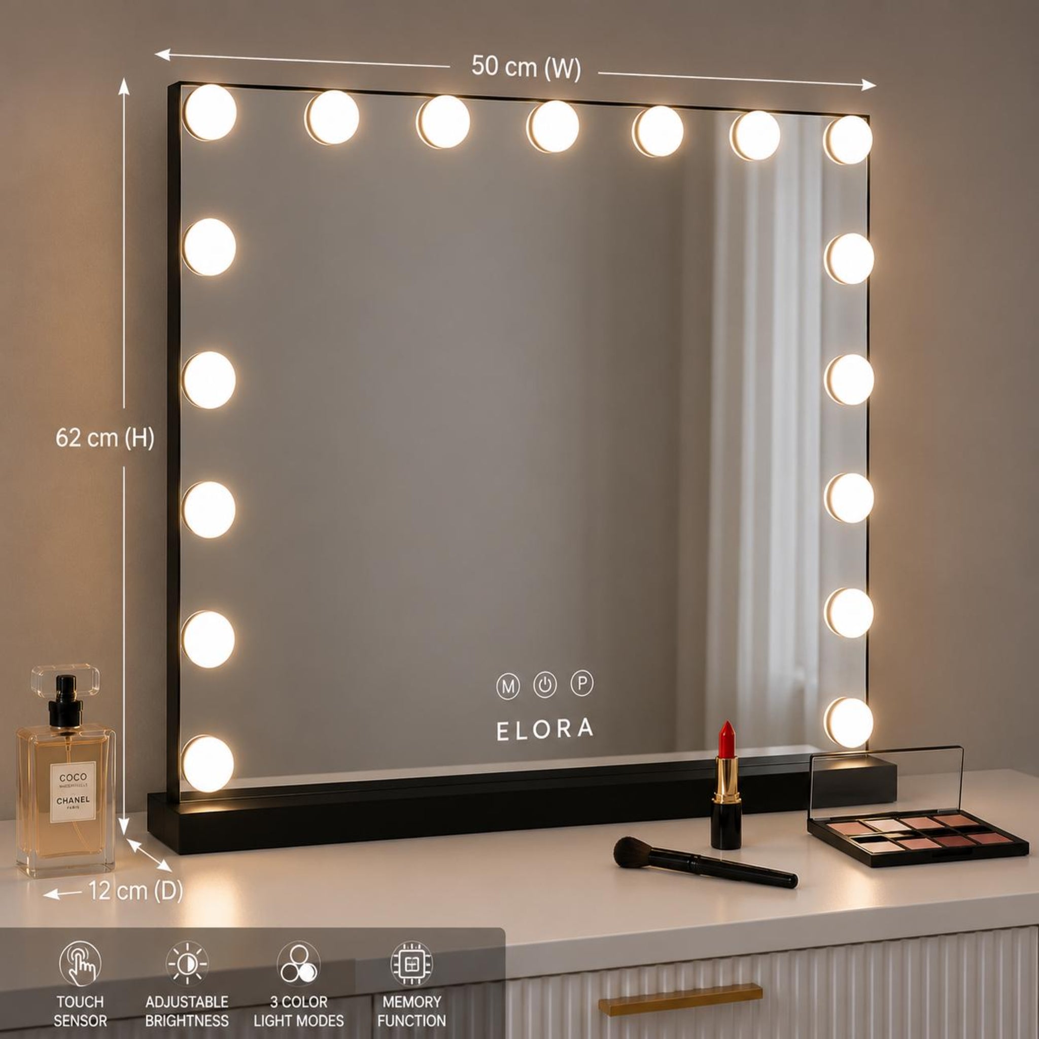 Aureva Hollywood Vanity Mirror with 17 Dimmable LED Bulbs, Touch Control & 3 Color Lighting Modes