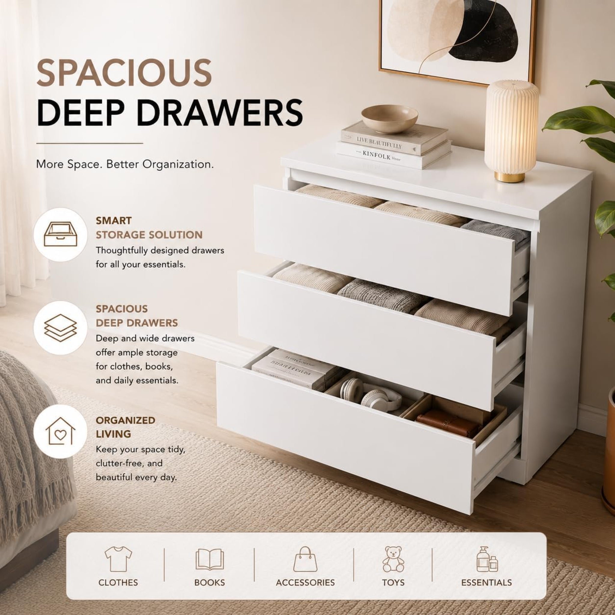 Norvale Modern 3 Drawer Chest of Drawers | Premium MDF Storage Cabinet with Duco White Finish | Bedroom, Living Room & Home Organizer