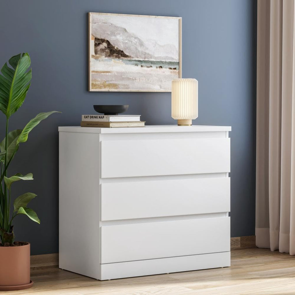 Norvale Modern 3 Drawer Chest of Drawers | Premium MDF Storage Cabinet with Duco White Finish | Bedroom, Living Room & Home Organizer
