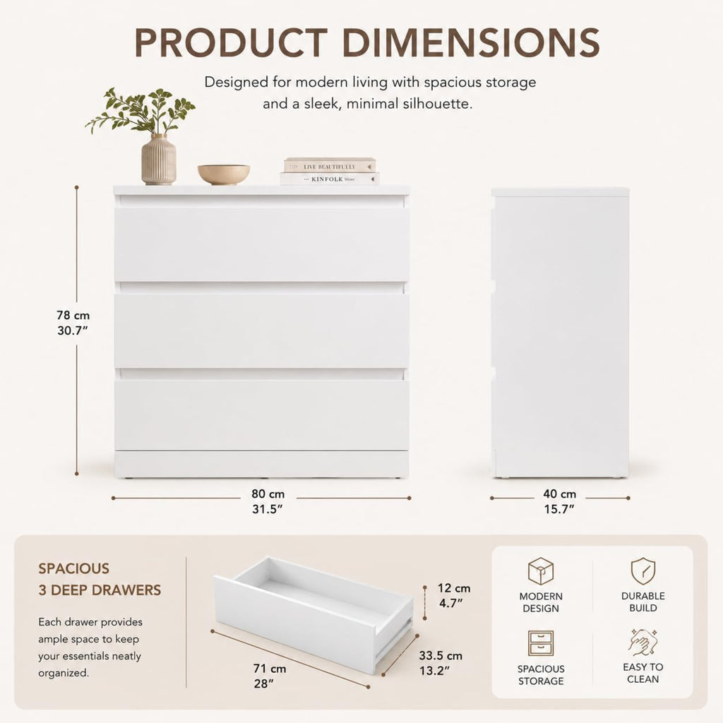 Norvale Modern 3 Drawer Chest of Drawers | Premium MDF Storage Cabinet with Duco White Finish | Bedroom, Living Room & Home Organizer
