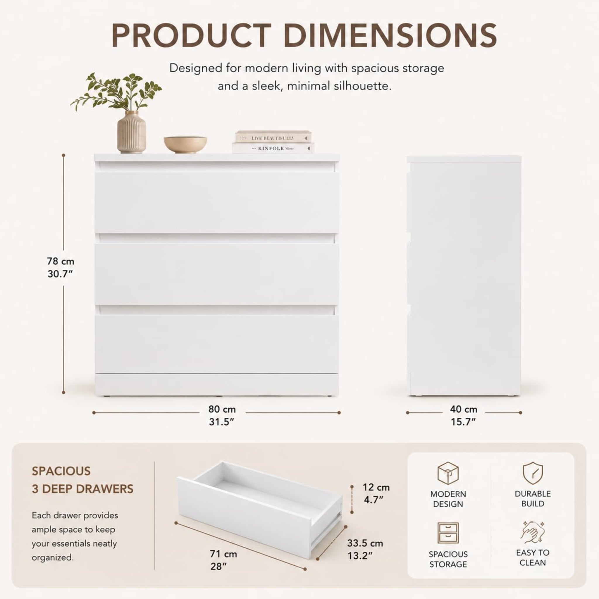 Norvale Modern 3 Drawer Chest of Drawers | Premium MDF Storage Cabinet with Duco White Finish | Bedroom, Living Room & Home Organizer