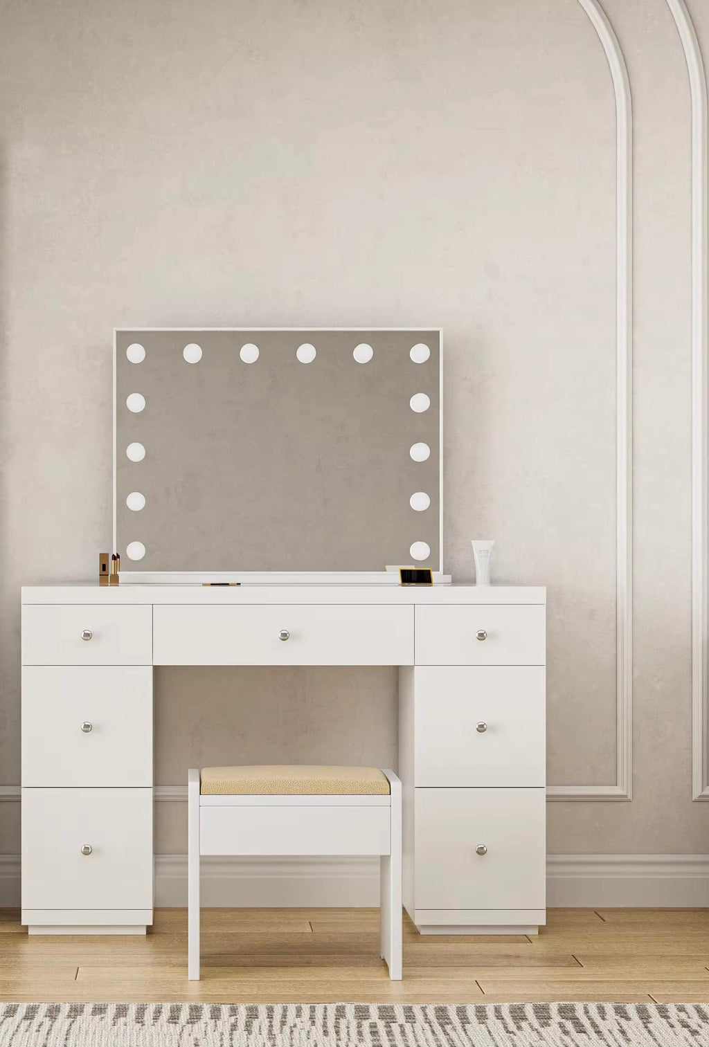 Lumora Luxury Makeup Vanity Table with Hollywood LED Mirror, Cushioned Stool & 7 Storage Drawers