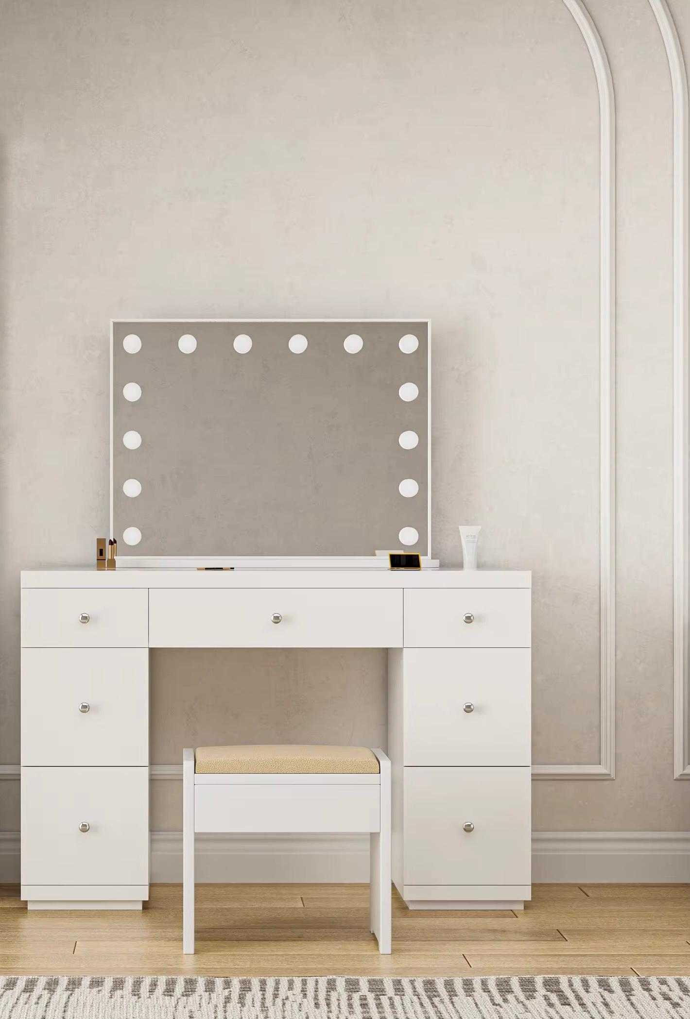 Lumora Luxury Makeup Vanity Table with Hollywood LED Mirror, Cushioned Stool & 7 Storage Drawers