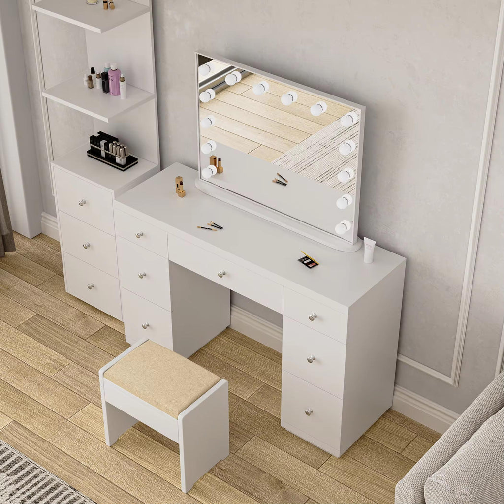 Lumora Luxury Makeup Vanity Table with Hollywood LED Mirror, Cushioned Stool & 7 Storage Drawers