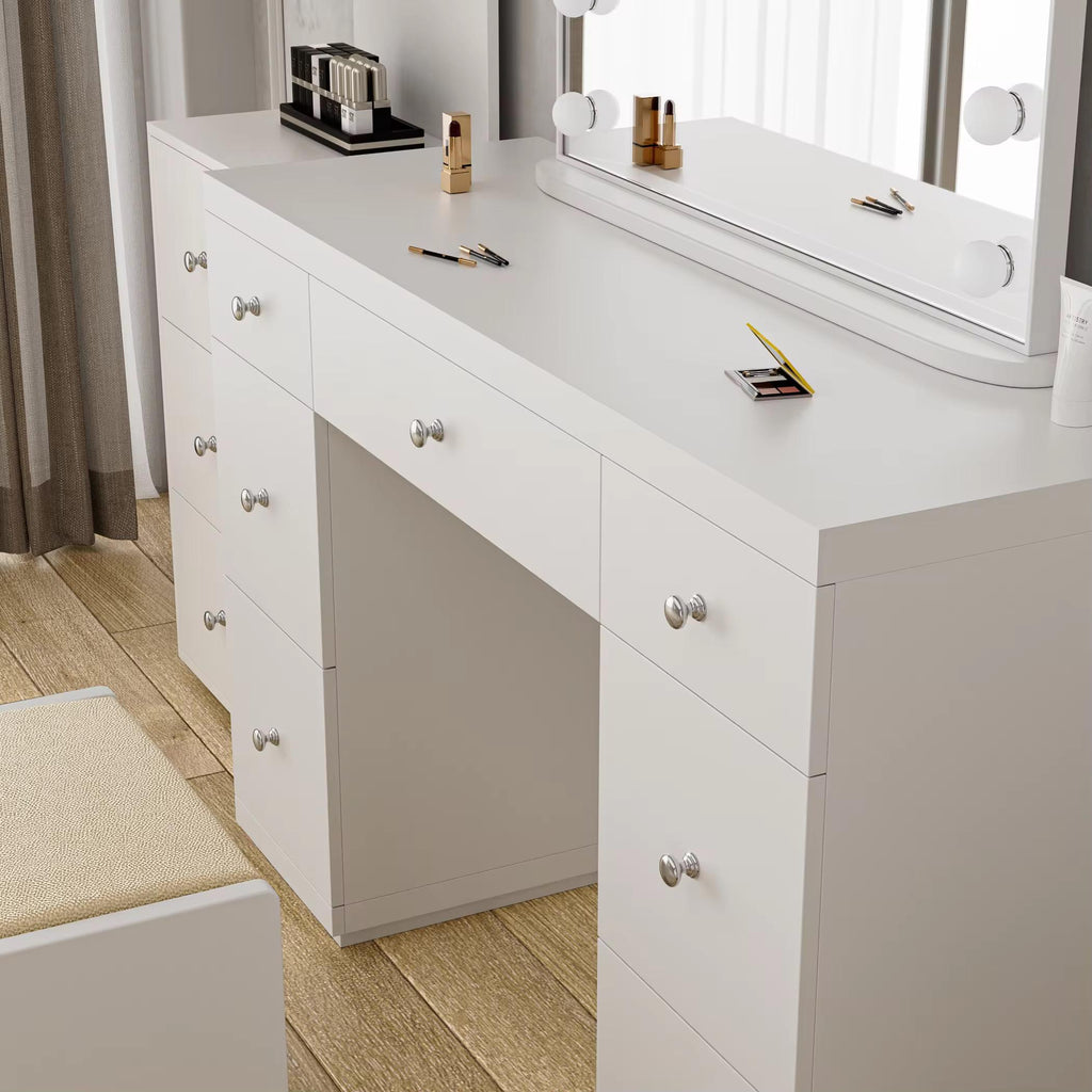 Lumora Luxury Makeup Vanity Table with Hollywood LED Mirror, Cushioned Stool & 7 Storage Drawers