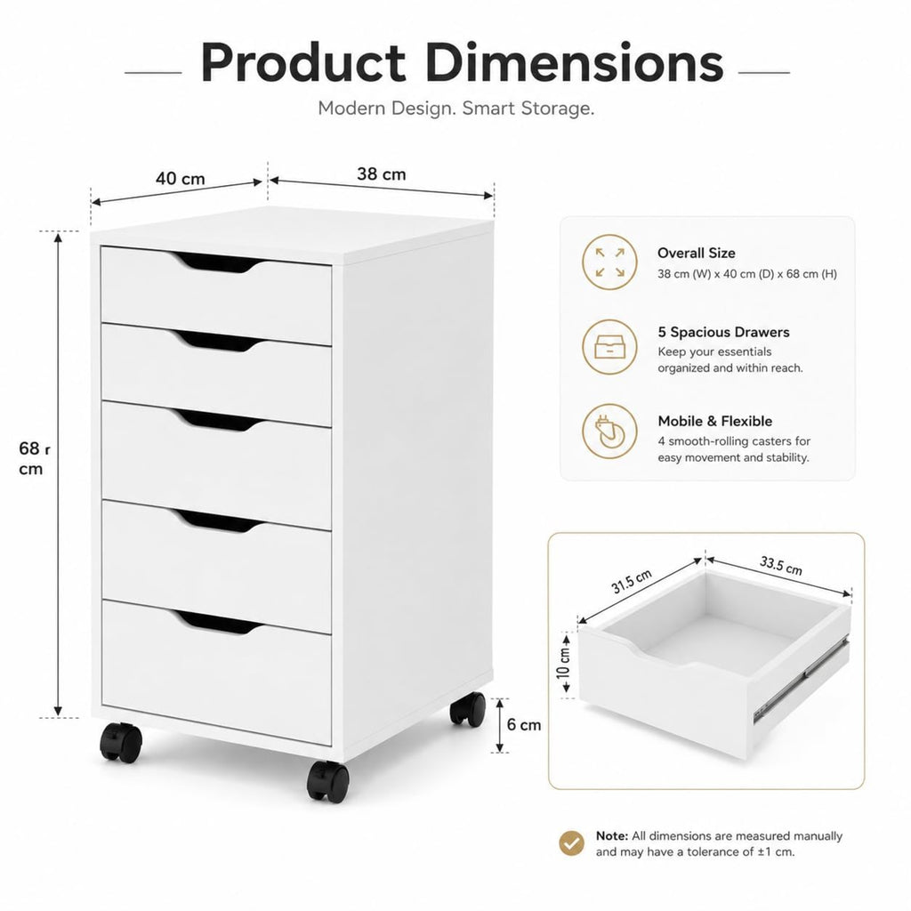 Novara Rolling 5 Drawer Storage Cabinet Drawer Unit with Wheels for Home, Office & Study