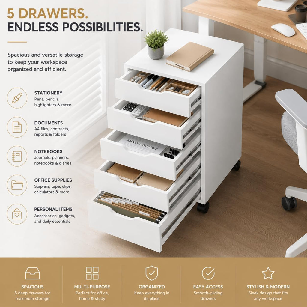 Novara Rolling 5 Drawer Storage Cabinet Drawer Unit with Wheels for Home, Office & Study