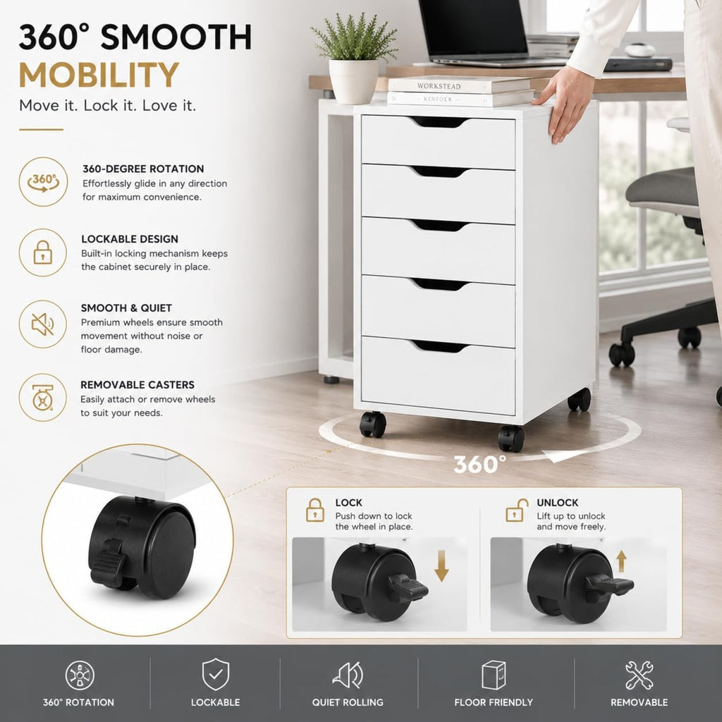 Novara Rolling 5 Drawer Storage Cabinet Drawer Unit with Wheels for Home, Office & Study