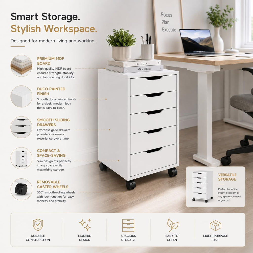 Novara Rolling 5 Drawer Storage Cabinet Drawer Unit with Wheels for Home, Office & Study