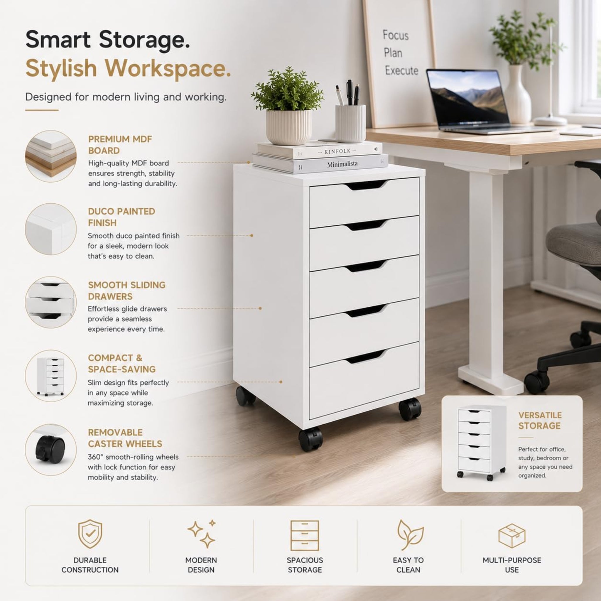 Novara Rolling 5 Drawer Storage Cabinet Drawer Unit with Wheels for Home, Office & Study