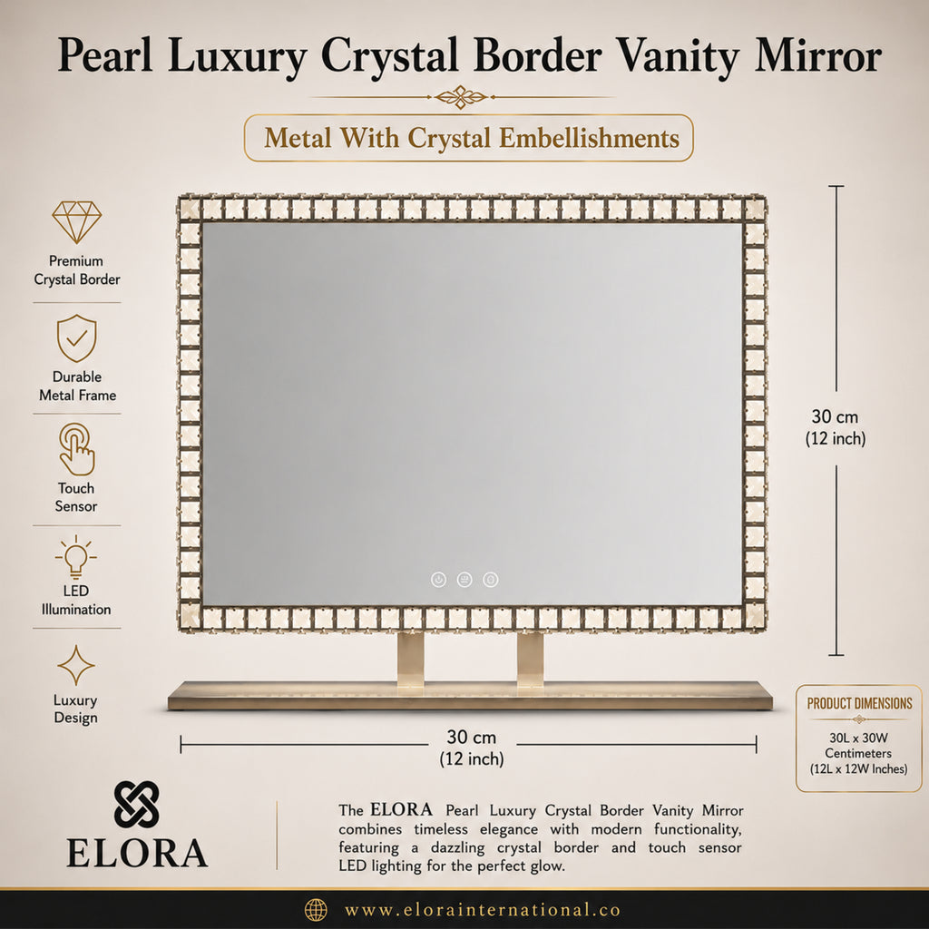 Pearl Luxury Crystal Border Vanity Mirror with Gold Metal Stand