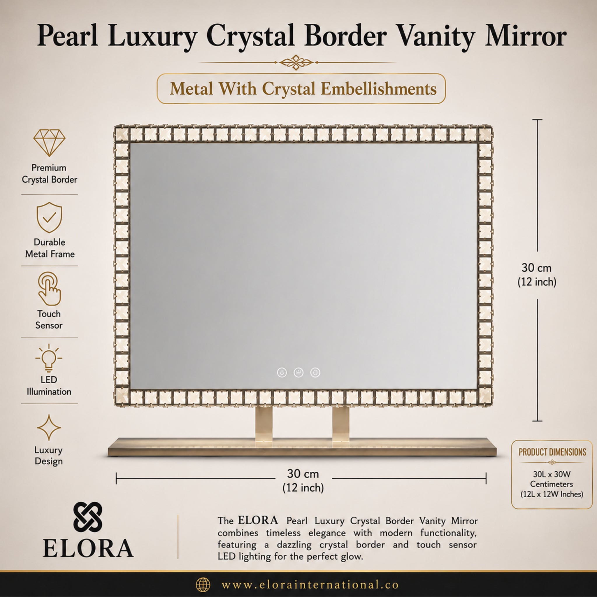 Pearl Luxury Crystal Border Vanity Mirror with Gold Metal Stand