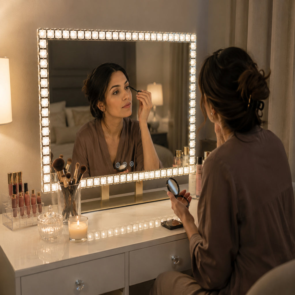 Pearl Luxury Crystal Border Vanity Mirror with Gold Metal Stand
